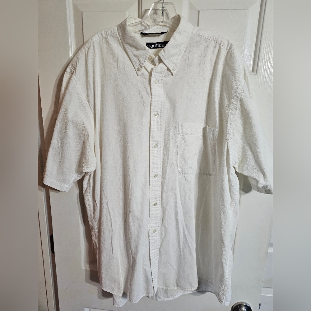 Nautica Men XL White Seersucker Short Sleeve Button Down Shirt Cotton Archival - Picture 2 of 6